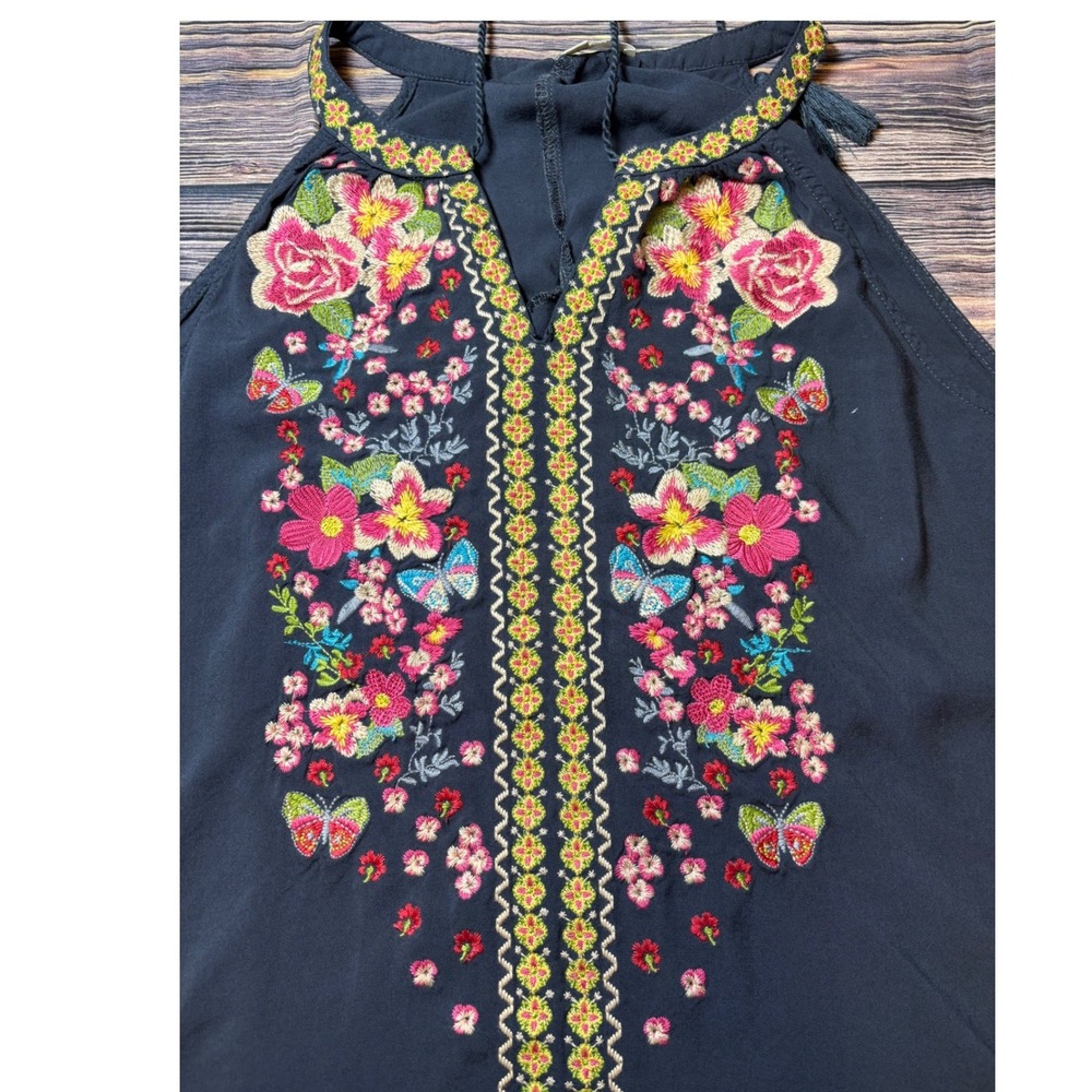Andree by Unit Top Womens L Black Floral Embroidered Halter Boho Festival Rayon - Picture 10 of 11